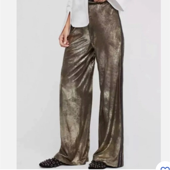 Free People BRUSHED METALLIC BRONZE GOLD SILVER WIDE LEG Track Pants Wide M L - Picture 2 of 16